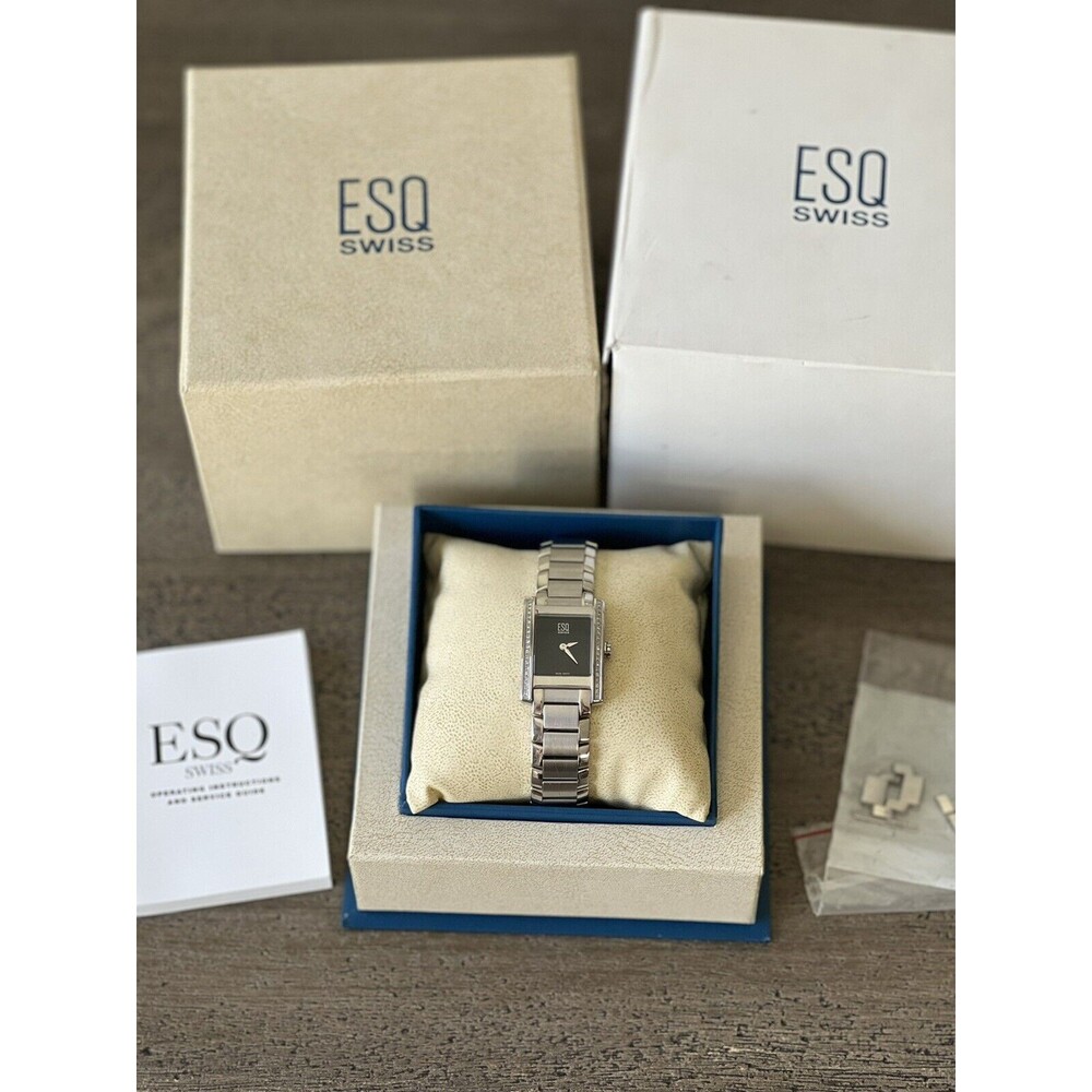 EUC ESQ by MOVADO Swiss Silver DIAMOND Bezel Black Dial Women's Watch E5428